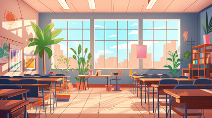 Aufkleber - Generative AI Empty school classroom in cartoon style. Education concept without students. 3d rendering interior illustration. Back to school design template. Classroom in quarantine on coronavirus CO
