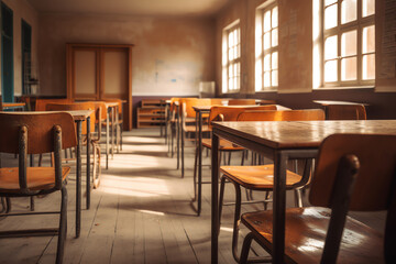 Aufkleber - Generative AI Empty classroom with a lot of chair with no student. Empty classroom with vintage tone wooden chairs. Back to school concept.