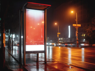 Poster - Generative AI Vertical advertising poster mockup at empty bus stop shelter by main road. Out-of-home OOH 6 sheet billboard media display space in city