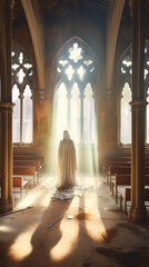 Aufkleber - Generative AI Empty pews with soft sunlight in a catholic church.