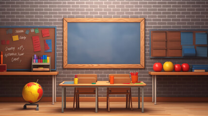 Aufkleber - Generative AI Empty school classroom in cartoon style. Education concept without students. 3d rendering interior illustration. Back to school design template. Classroom in quarantine on coronavirus CO