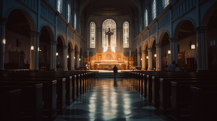 Aufkleber - Generative AI Catholic church interior inside with benches and light from window, dark image, selective focus