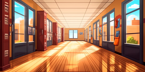 Aufkleber - Generative AI Empty School Corridor With Lockers Hall Open Door To Class Room Flat Vector Illustration