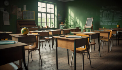 Fototapete - Generative AI Empty School classroom with desks chair wood, and green board in high school Thailand, vintage tone education concept.