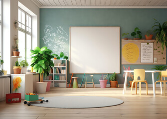 Aufkleber - Generative AI Empty classroom for teach and learn. Interior floor decoration by wood with texture. Include green board or chalkboard with coppy space for draw and write surface. Education background. 