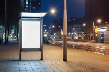 Poster - Generative AI white empty advertising banner at a public transport stop of a trolley bus in the city near the park