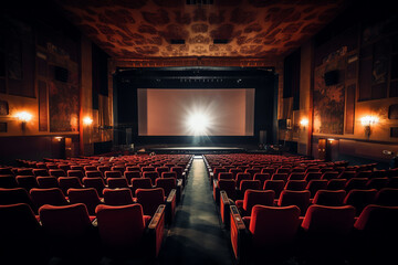 Poster - Generative AI Cinema theater hall. (top view) Cinema auditorium with screen and seats. (View from above)
