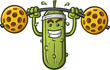 Pickle cartoon character weight lifting a large heavy pickleball barbell and wearing a soaked sweat band in a heated competition of strength vector illustration