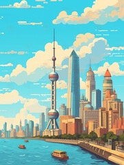 Poster - Generative AI park and skyscrapers under the blue sky in shanghai