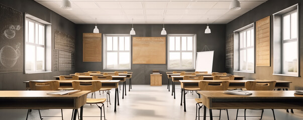 Aufkleber - Generative AI Empty modern classroom with chairs, desks and chalkboard.