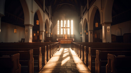 Generative AI Horizontal image of empty old church with altar and wooden seats for different ceremonies