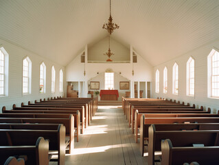 Aufkleber - Generative AI Empty pews in a small chapel, in which soft sunlight falls through a small window.