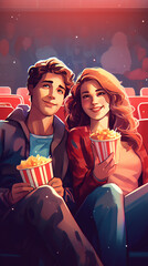 Aufkleber - Generative AI Loving couple in movie theater, man and woman look on each other sitting in empty cinema hall front of film end on white screen rear view. Love, romantic dating, relations, Cartoon vecto