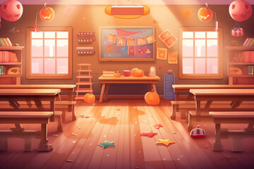 Aufkleber - Generative AI Empty classroom vector illustration. Nobody school class room interior with blackboard