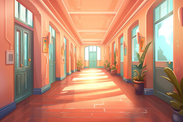 Aufkleber - Generative AI Empty School Corridor With Lockers Hall Open Door To Class Room Flat Vector Illustration