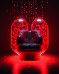 Poster - Generative AI Cinema Red Cozy Armchairs With Comfortable Elbows. Illuminated armchair in the center.3d Rendering.