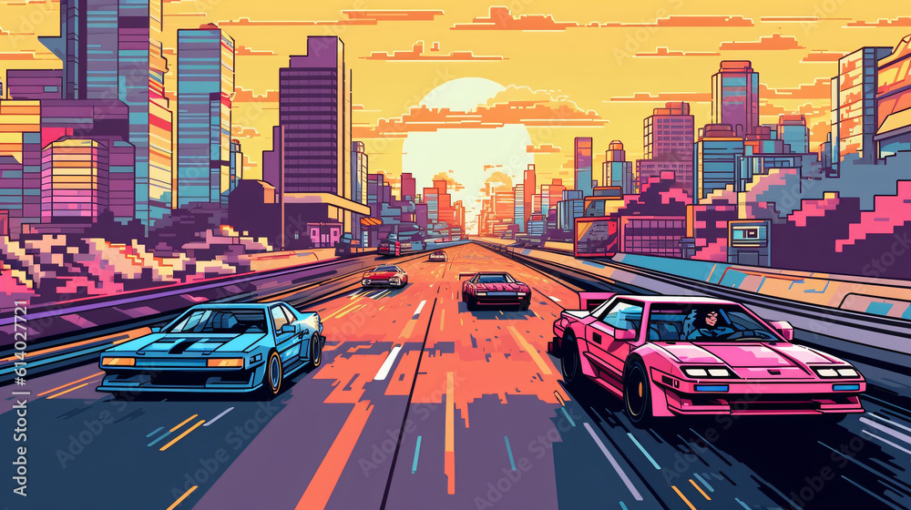 Car racing on street sunset, illustration, pixel art, game art, retro ...