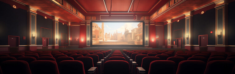 Poster - Generative AI Movie theater, cinema hall with white screen, red curtains and rows of seats. Realistic interior of dark cinema auditorium with light blank screen and chair backs. Premiere of film. 3D I
