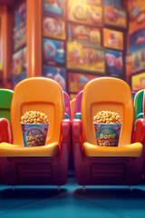 Aufkleber - Generative AI Cup of popcorn on chair in empty cinema