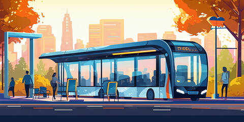 Poster - Generative AI Bus Empty Interior with Glass Door, Seats, Handles, Pole and Large Windows with Cityscape View, Public City Transport, Commuter Salon Design. Cartoon Vector Illustration