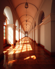 Poster - Generative AI Corridor between the bench in the church with the sunlight, Inside the building with a row and lines of brown wooden pews in catholic church or chapel.