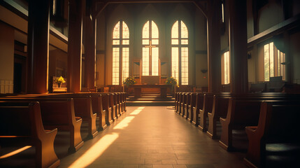 Aufkleber - Generative AI Empty church pews with Heavenly Light.