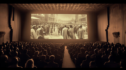 Aufkleber - Generative AI cinema white screen with seats and people silhouettes