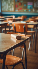 Poster - Generative AI The used medical face mask hangs on the wood lecture chairs in the empty classroom. Concept during the Coronavirus Disease COVID-19 outbreak and pandemic in the 2020s. Back to school con