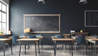 Aufkleber - Generative AI Classroom design with modern desks, seats, blackboard, watch and door 3D rendering