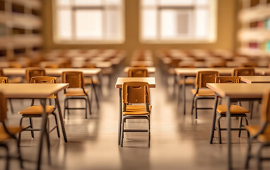 Poster - Generative AI Empty school classroom with many wooden chairs. Wooden chairs in classroom. Wooden arranged in classroom. Empty classroom with vintage tone wooden chairs. Back to school concept.