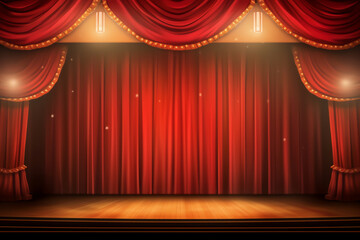 Poster - Generative AI Empty scene with a red curtain and spotlights. Concert, show, performance