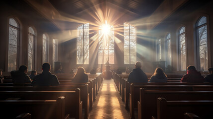 Aufkleber - Generative AI Empty pews with soft sunlight in a catholic church.