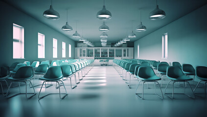 Poster - Generative AI Empty Classroom or conference room with projector and screen light inside windows,blue tone
