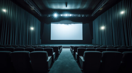 Aufkleber - Generative AI Empty cinema auditorium with empty white screen. Empty rows of theater or movie seats