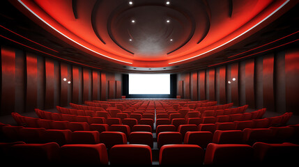 Poster - Generative AI Cinema movie theater concept background. Red cinema seats and cola in empty theater. 3d illustration