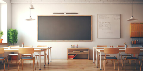 Poster - Generative AI Lecture room or School empty classroom with desks and chair iron wood for studying lessons in high school thailand, interior of secondary education, with whiteboard, vintage tone educati
