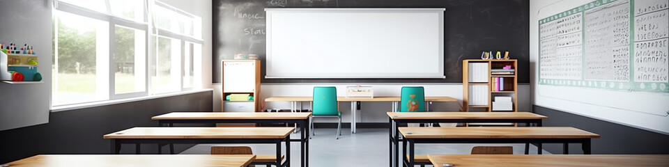 Poster - Generative AI Interior of an empty school classroom. Concept of coronavirus COVID-19 quarantine in schools and educational institutions