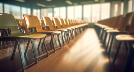 Poster - Generative AI Empty classroom with a lot of chair with no student. Empty classroom with vintage tone wooden chairs. Back to school concept.