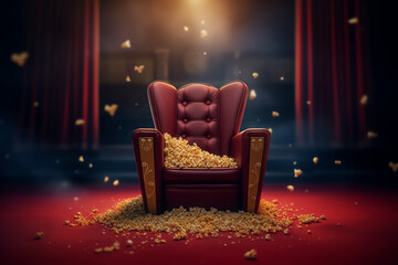 Aufkleber - Generative AI One red cinema chair with fizzy drink and box of popcorn over white background. Concept of entertainment. 3d rendering