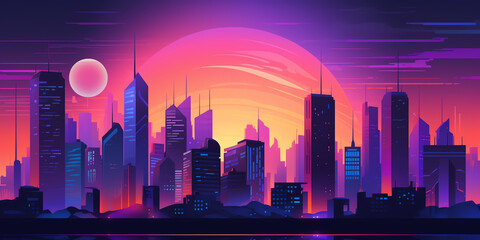 Generative AI Road to night city, empty highway and glowing skyline with futuristic urban architecture, megapolis infrastructure with modern skyscraper buildings, purple neon background, Cartoon vecto