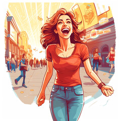 Aufkleber - Generative AI Young woman in cinema mesmerized girl with pop corn bucket in hands sitting alone in movie theater hall front of screen watching very interesting film with open mouth. Cartoon vector ill