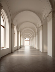 Poster - Generative AI View of empty white room with arch design and concrete floor,Museum space, Chapel entrance, Perspective of minimal architecture. 3D render.