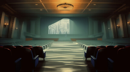 Poster - Generative AI Empty movie theatre. Dark cinema hall with blue screen and 5d virtual reality. Modern movies theater for festivals and films presentation. Interior design. Online Cinema concept. Vector 