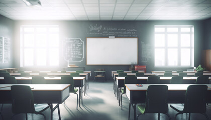 Aufkleber - Generative AI Empty modern classroom with chairs, desks and chalkboard.