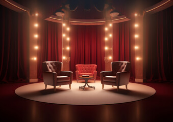 Aufkleber - Generative AI Cinema screen. Cinema with screen and seat. Theater hall with interior. Auditorium for movie, theatre. Empty stage for film. Red chair with scene for presentation. Background for adverti