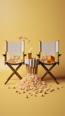 Poster - Generative AI Cinema concept - Front view of red cinema chair with cup drink and box of popcorn on white background. 3d illustration
