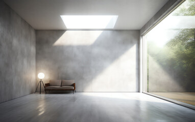 Poster - Generative AI Abstract 3d rendering of empty concrete room with light and shadow on the wall.