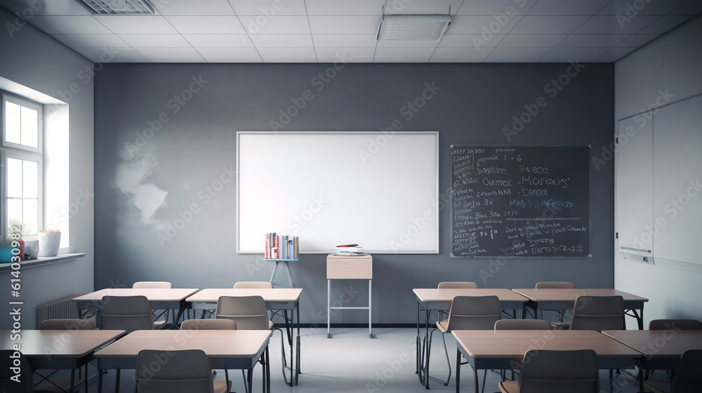 Generative AI Modern classroom interior with empty chalkboard and ...