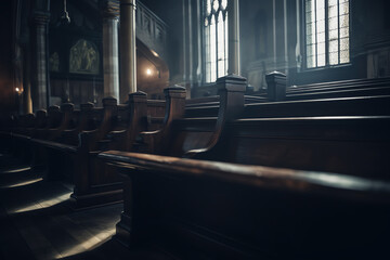 Aufkleber - Generative AI Catholic church interior inside with benches and light from window, dark image, selective focus