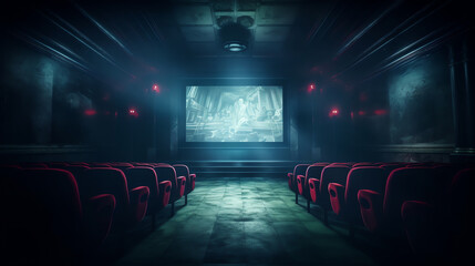 Aufkleber - Generative AI Dark movie theatre interior. screen and chairs.